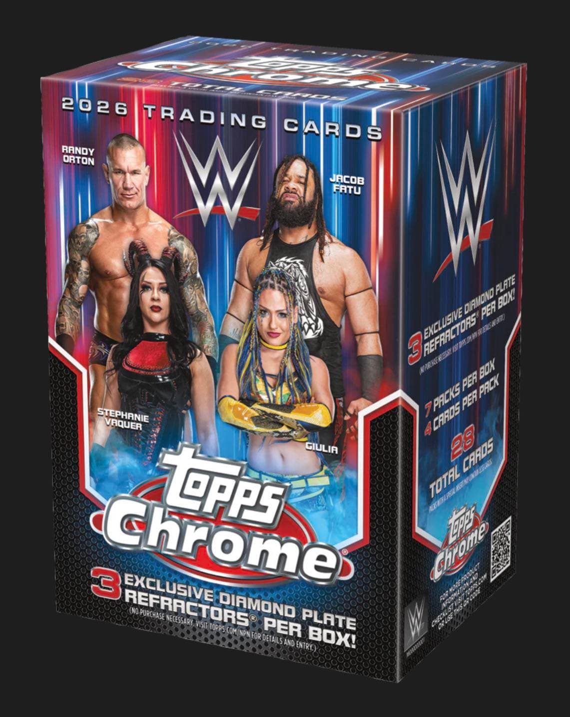 2026 Topps Chrome WWE Trading Cards box featuring Randy Orton, Jacob Fatu, and Stephanie Vaquer.