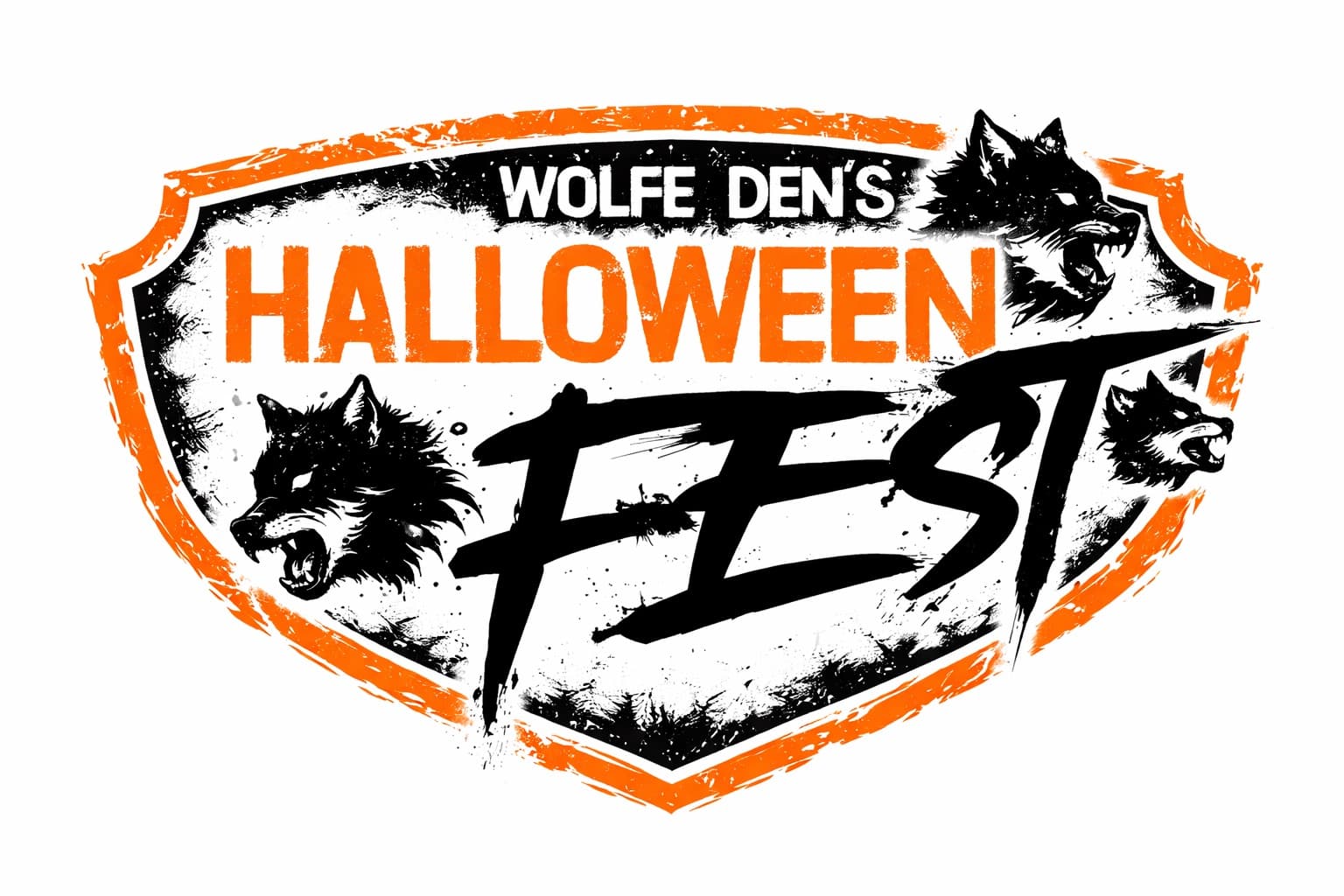 Distressed Wolfe Den's Halloween Fest logo with snarling wolf heads and orange shield.